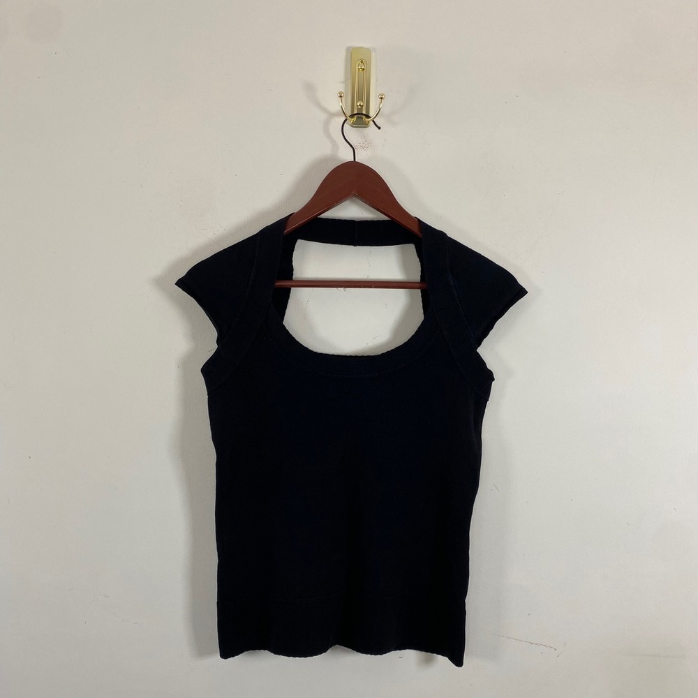 Vintage Y2K Cache Black T-shirt Top Back Cut Out Cap Sleeves Size Medium  Chic